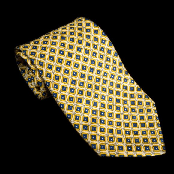 Brooks Brothers Makers 100% Silk Tie Yellow Navy Lattice Mens Designer Necktie - Picture 2 of 5